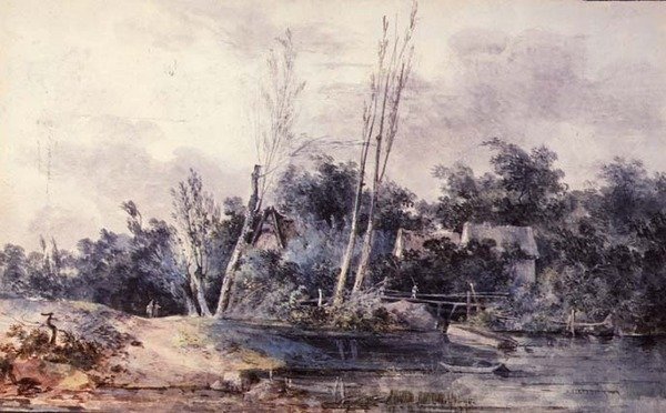Rakamlarla bir dere kenarında evler ve söğüt by Louis Gabriel Moreau
