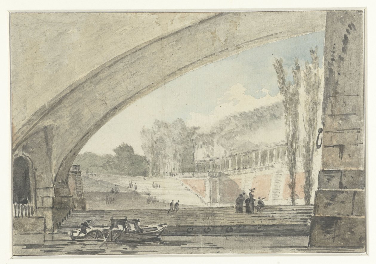 Bir köprünün altından teraslara ve bir merdivene çıkın by Louis Gabriel Moreau