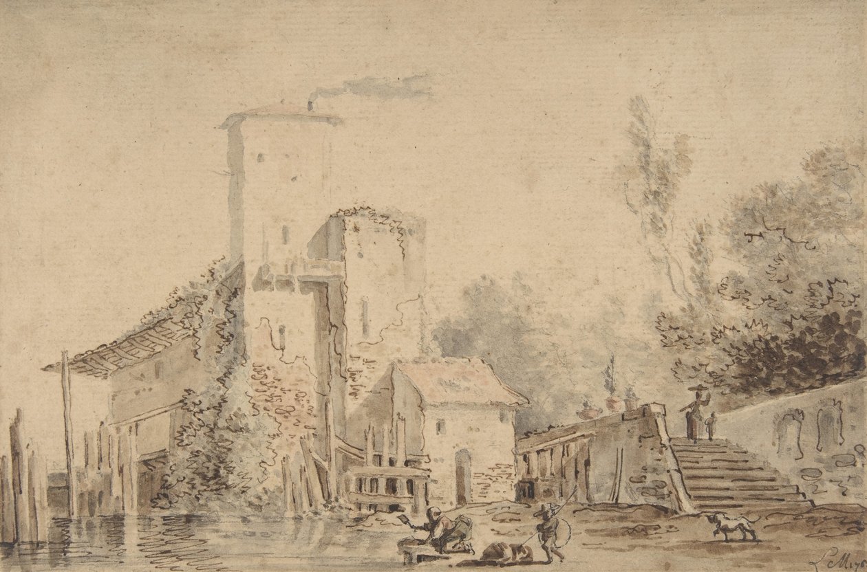 Rakamlarla Nehir Kenarında Çiftlik Evi, 1765. by Louis Gabriel Moreau