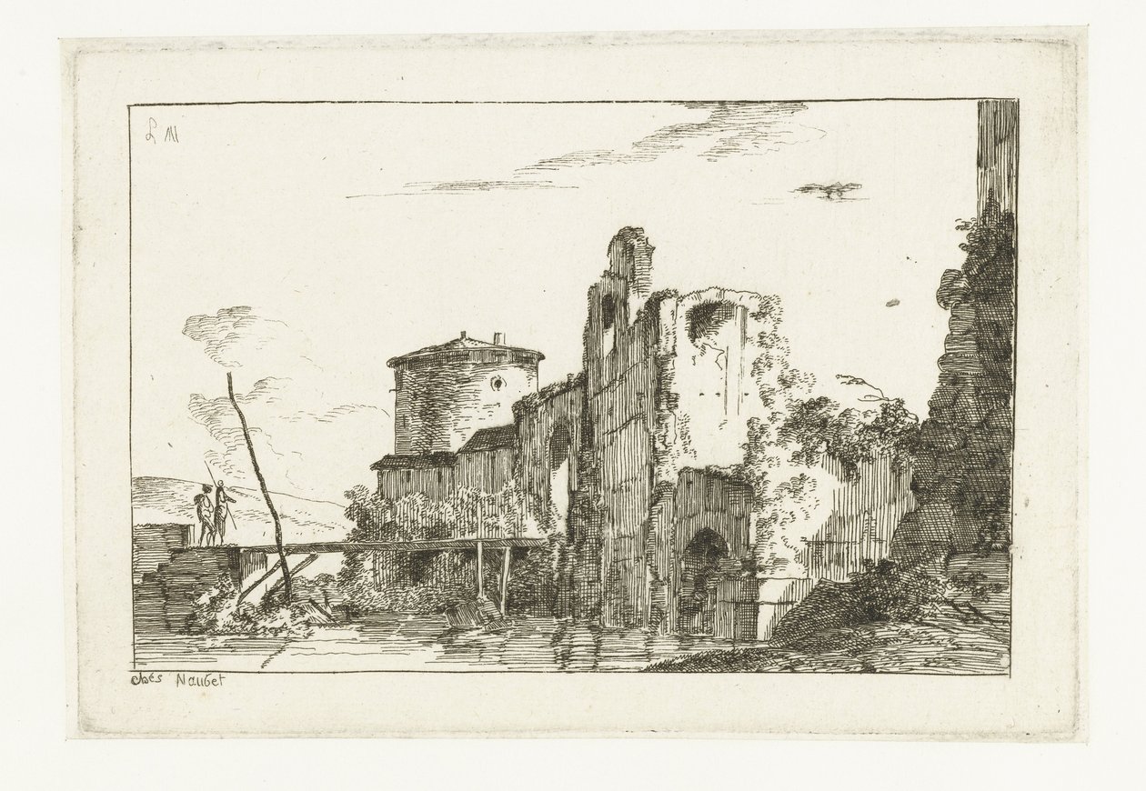Kale ve nehir üzerinde bir köprü by Louis Gabriel Moreau