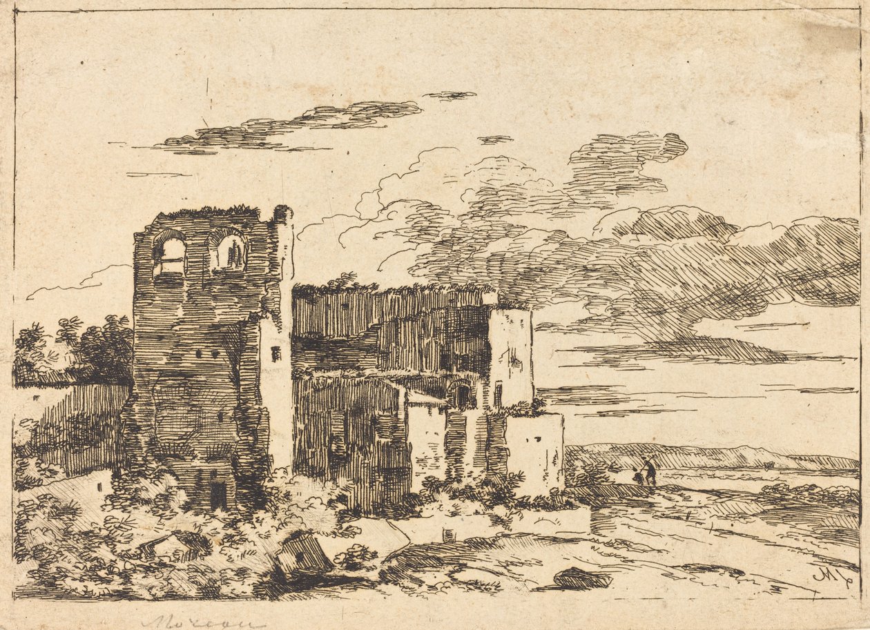 Nehir kıyısındaki yıkık binalar by Louis Gabriel Moreau the Elder