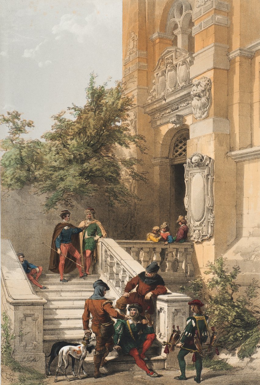 Heidelberg (bir kalenin mermer verandasında hizmetçiler ve saraylılar), 1850 by Louis Haghe