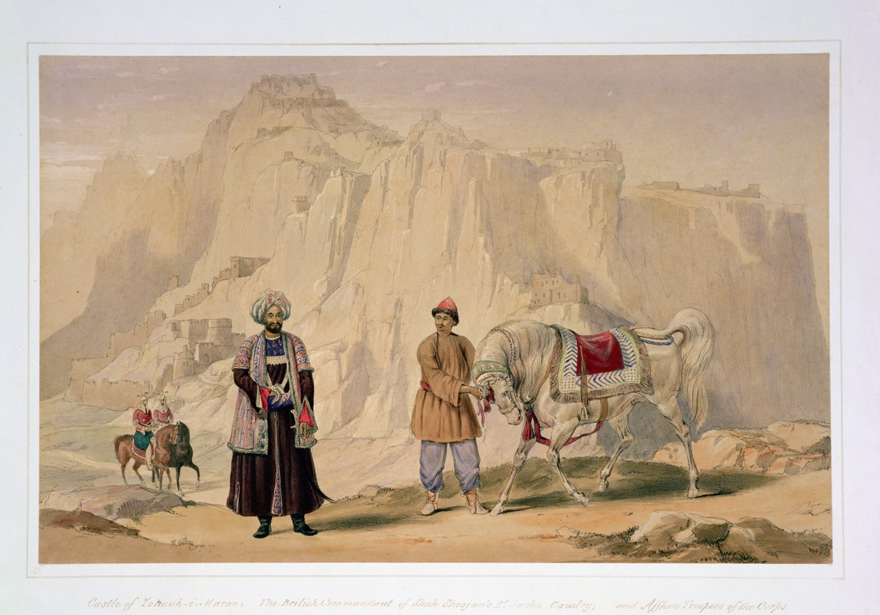 Şah Shoojan'ın İngiliz Komutanı 2. Cennet Süvarileri ve Kolordu Affhan Birlikleri, Kaptan Lockyer Willis Hart tarafından yazılan 'Afganistan Karakterleri ve Kostümleri'nden, 1843'te yayınlandı (renkli taş) by Louis Hague