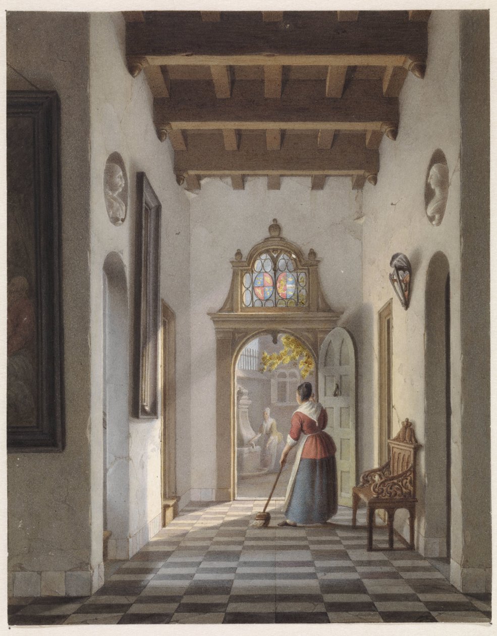Bir evin koridorunu süpüren kız by Louis Henri de Fontenay