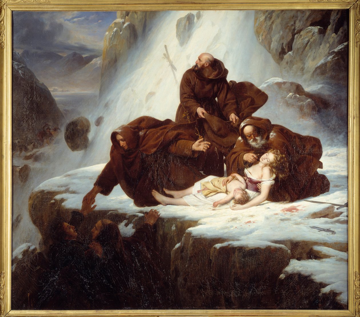 Aziz Gotthard (San Gottardo) bakımevindeki dindar, haydutlardan etkilenen ailelere yardım sağlıyor Louis Hersent (1777-1860) 1824 by Louis Hersent
