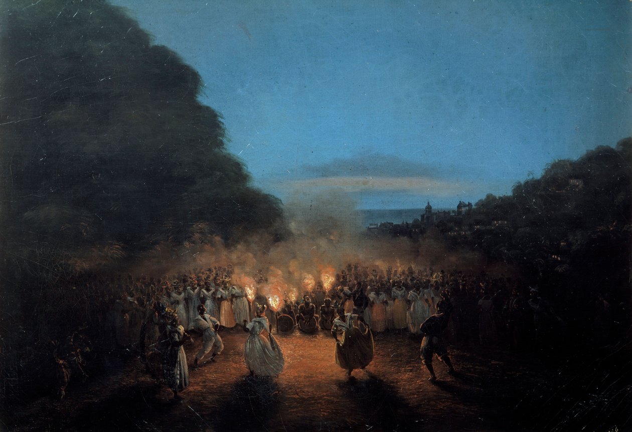 Bamboula, bir zamanlar Batı Hint Adaları Siyah köle dans sahnesinde meşalelerin ışığında bambu (veya sopa) dansı yapar. Honore Gamain (1803-1871) tarafından yapılan resim 19. yüzyıl La Rochelle, Yeni Dünya Müzesi by Louis Honore Gamain