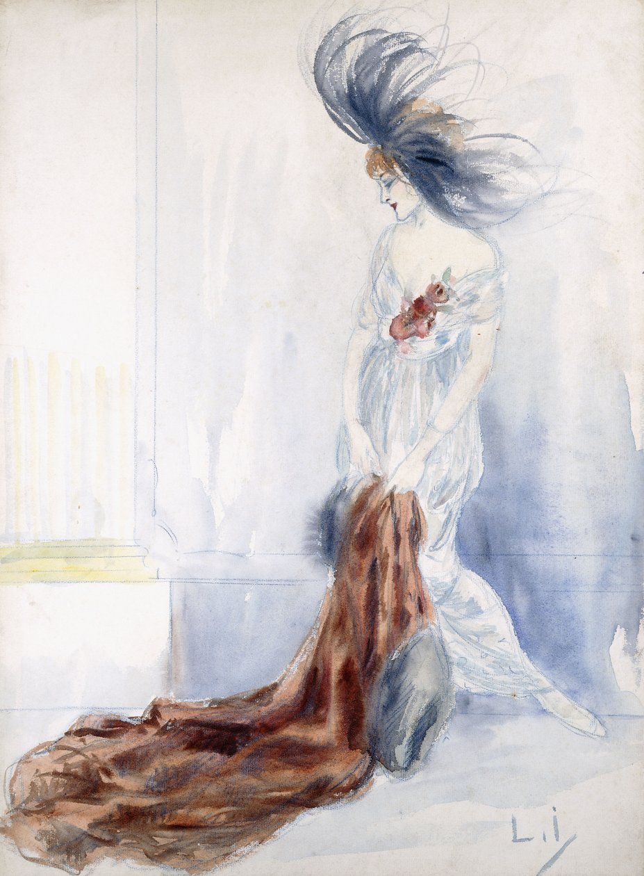 Tüylü Şapkalı ve Kürk Mantolu Zarif Bayan by Louis Icart