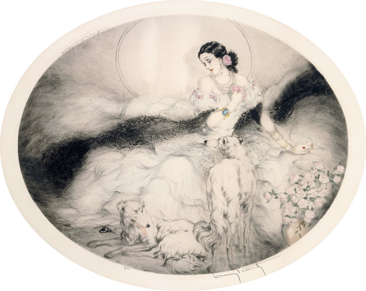 Lady with Camellias, c.1917 (aşındırma ve kuru nokta) by Louis Icart