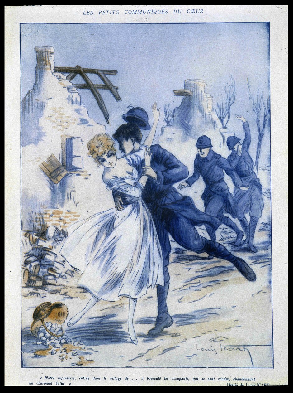 Şehre giren askerler, biri bir kadını öpüyor, “büyüleyici ganimet””, Louis Icart'tan İllüstrasyon (1888-1950) “”Fantasio”da” 15/12/1915 by Louis Icart