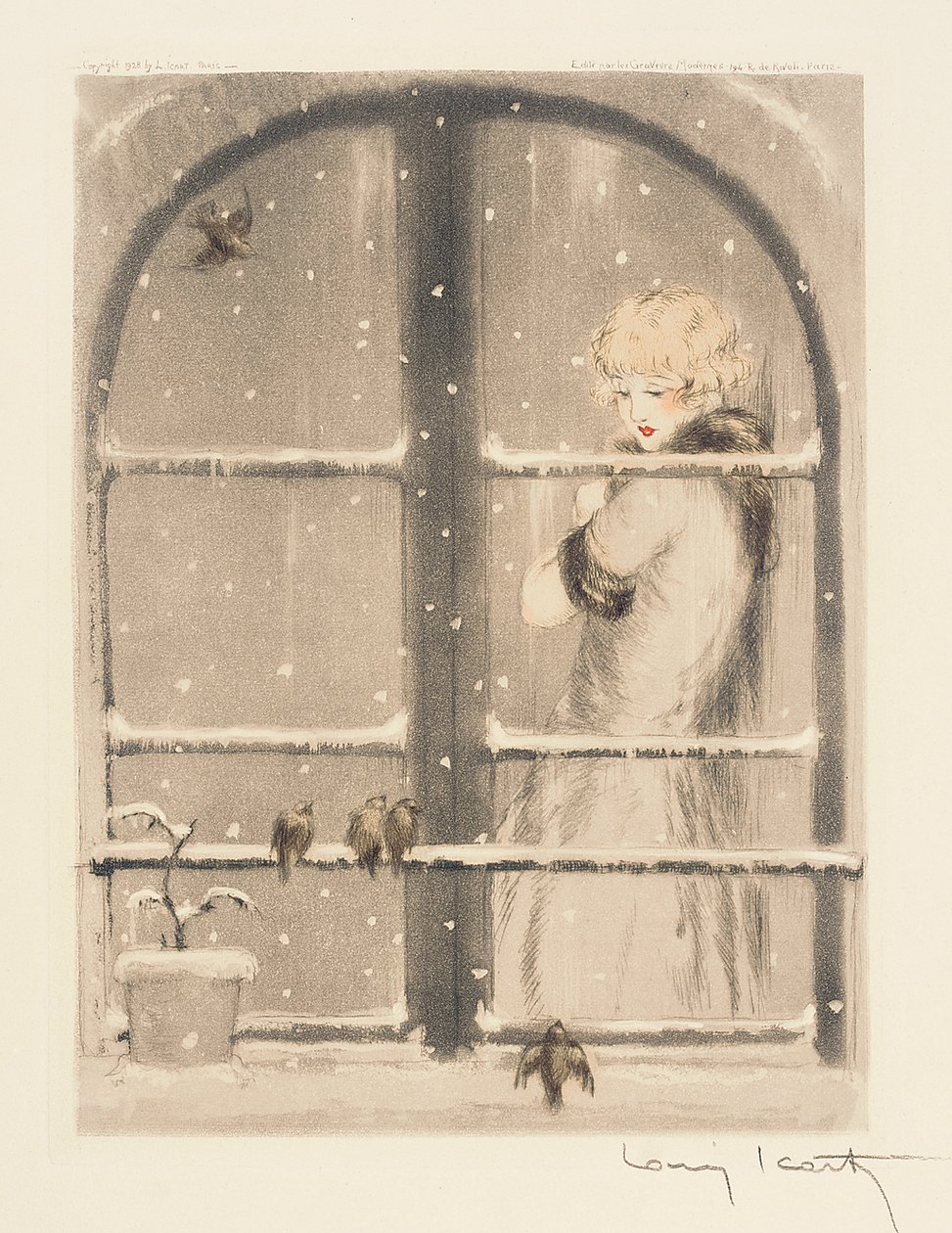 The Four Seasons: Winter, c.1928 (el boyaması kuru nokta ve aquatint) (ayrıca bkz. 745548-50) by Louis Icart