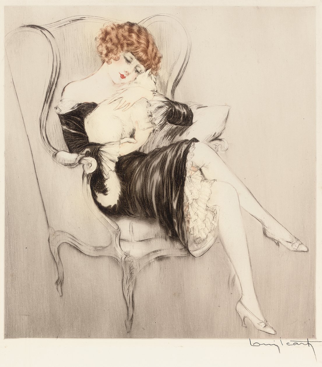 Uyuyan Kedi (el boyaması gravür ve aquatint) by Louis Icart