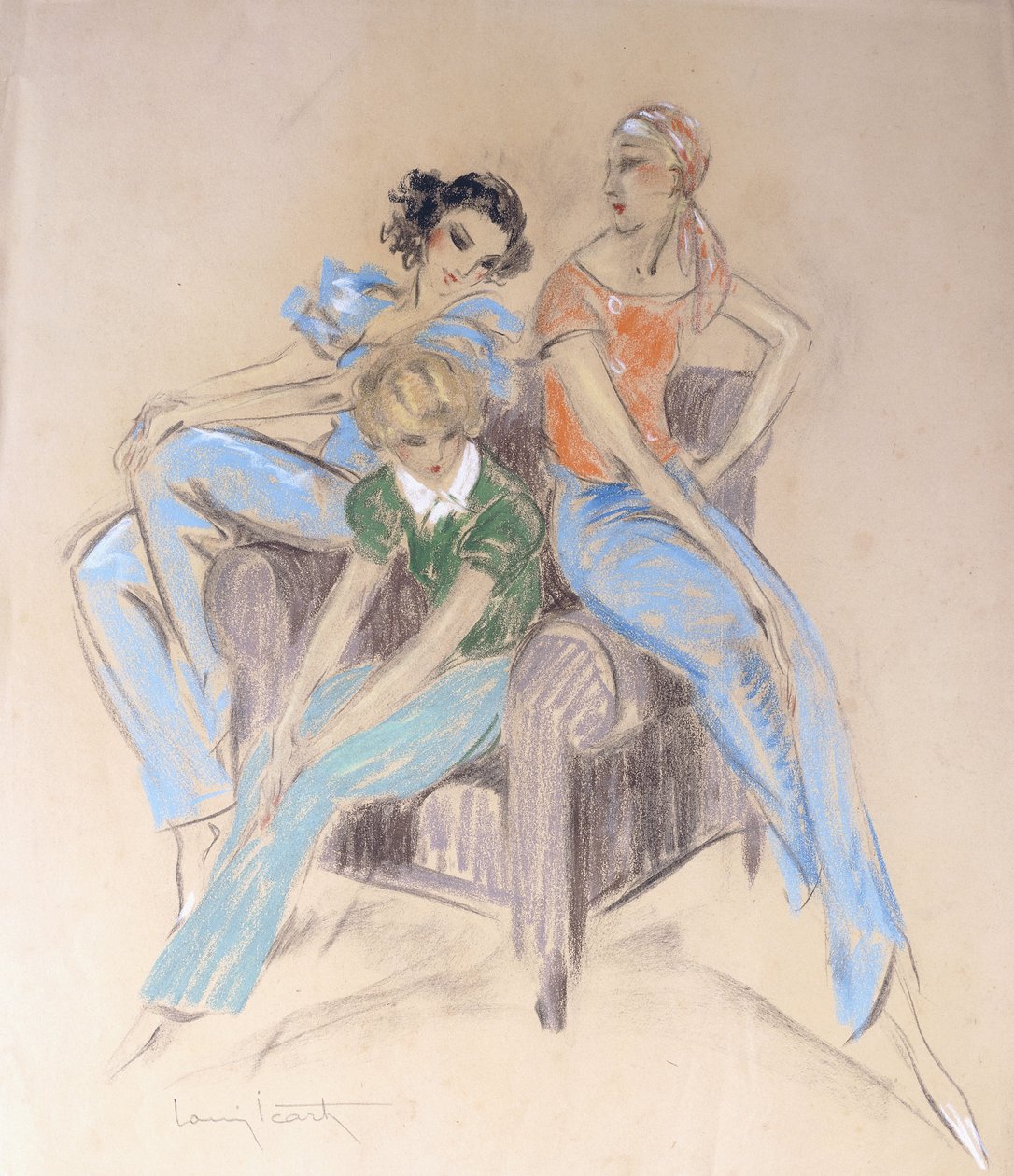 Bir Koltukta Oturan Üç Kız by Louis Icart