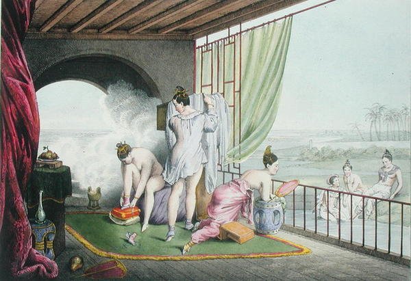Tuvaletlerinde yıkananlar, 1824-27 yayınlandı (renkli taş) by Louis Jacques Nicolas Schaal
