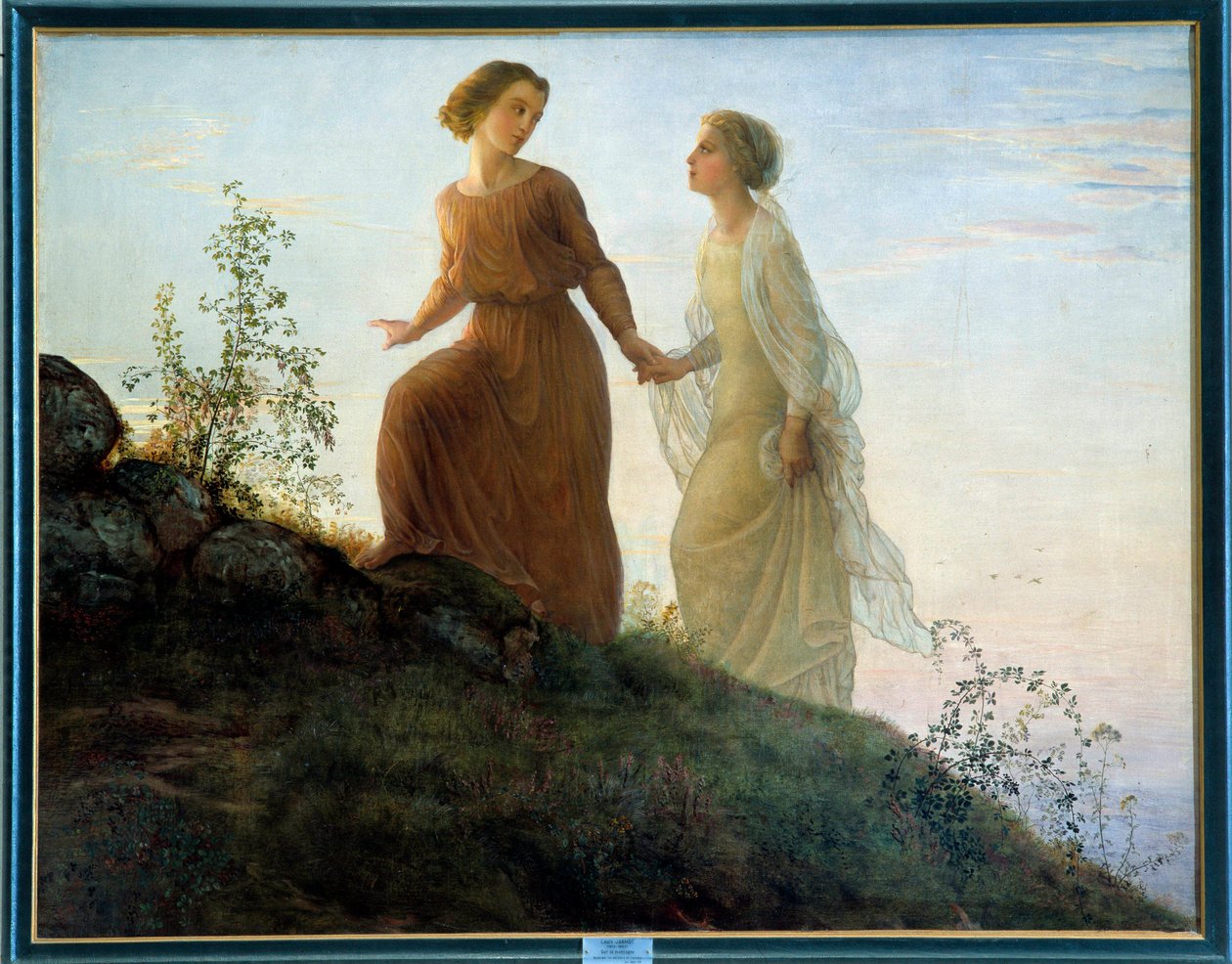 Ruhun şiiri; Dağda genç bir kadın ilham perisi eşliğinde lirik bir atmosferde bir dağa tırmanıyor. Louis Janmot (1814-1892) 19. yüzyıla ait tablo. Lyon, Musee Des Beaux Arts - Ruhun şiiri - Dağda: genç bir kadın refakatçisi by Louis Janmot