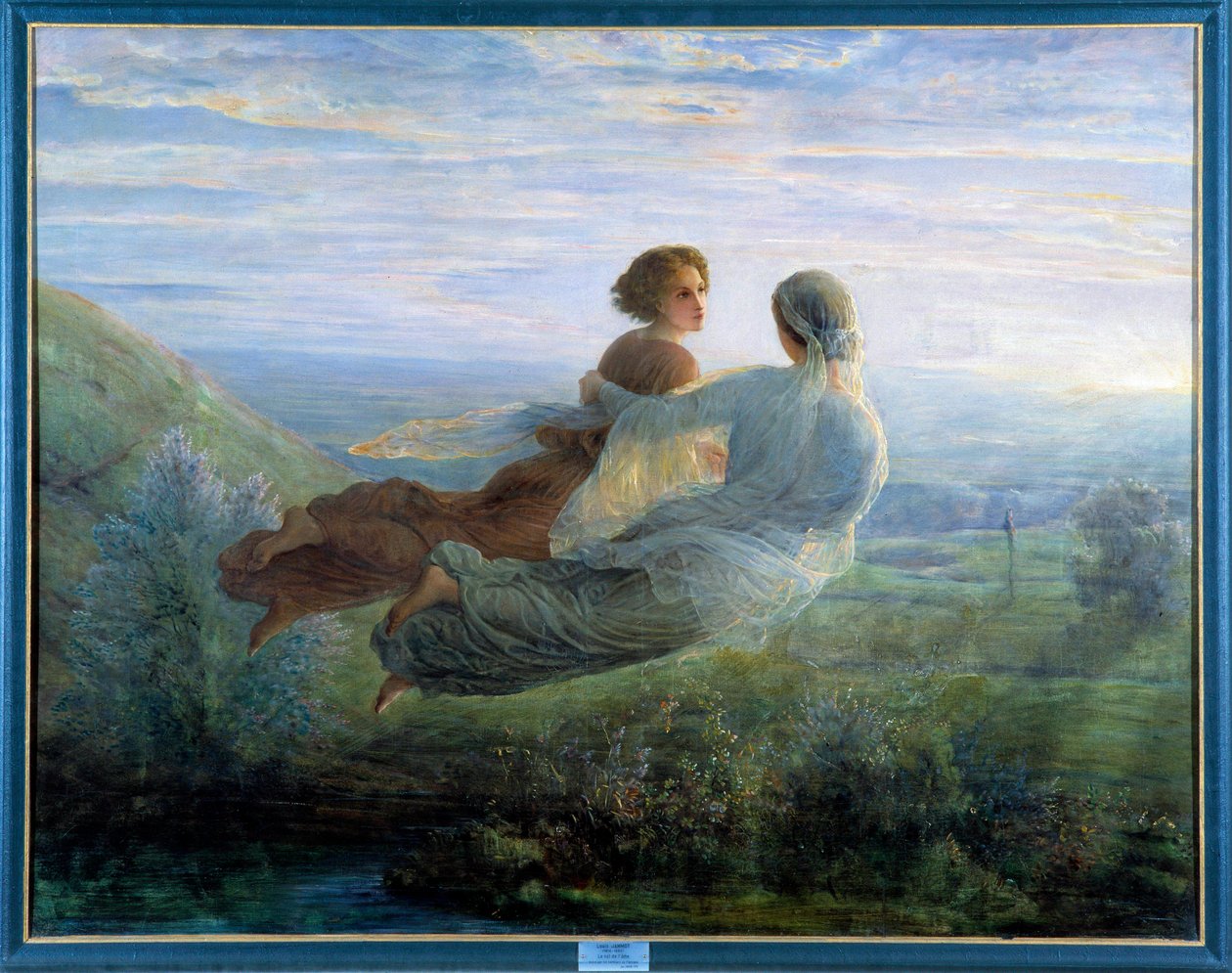 Ruhun şiiri; Ruhun uçuşu, genç bir kadın yeşil bir manzaranın üzerinde havaya yükseldi ve lirik bir atmosferde bir ilham perisi eşliğinde. Louis Janmot (1814-1892) 19. yüzyıla ait tablo. Lyon, Musee Des Beaux Artsv- Ruhun şiiri: t by Louis Janmot