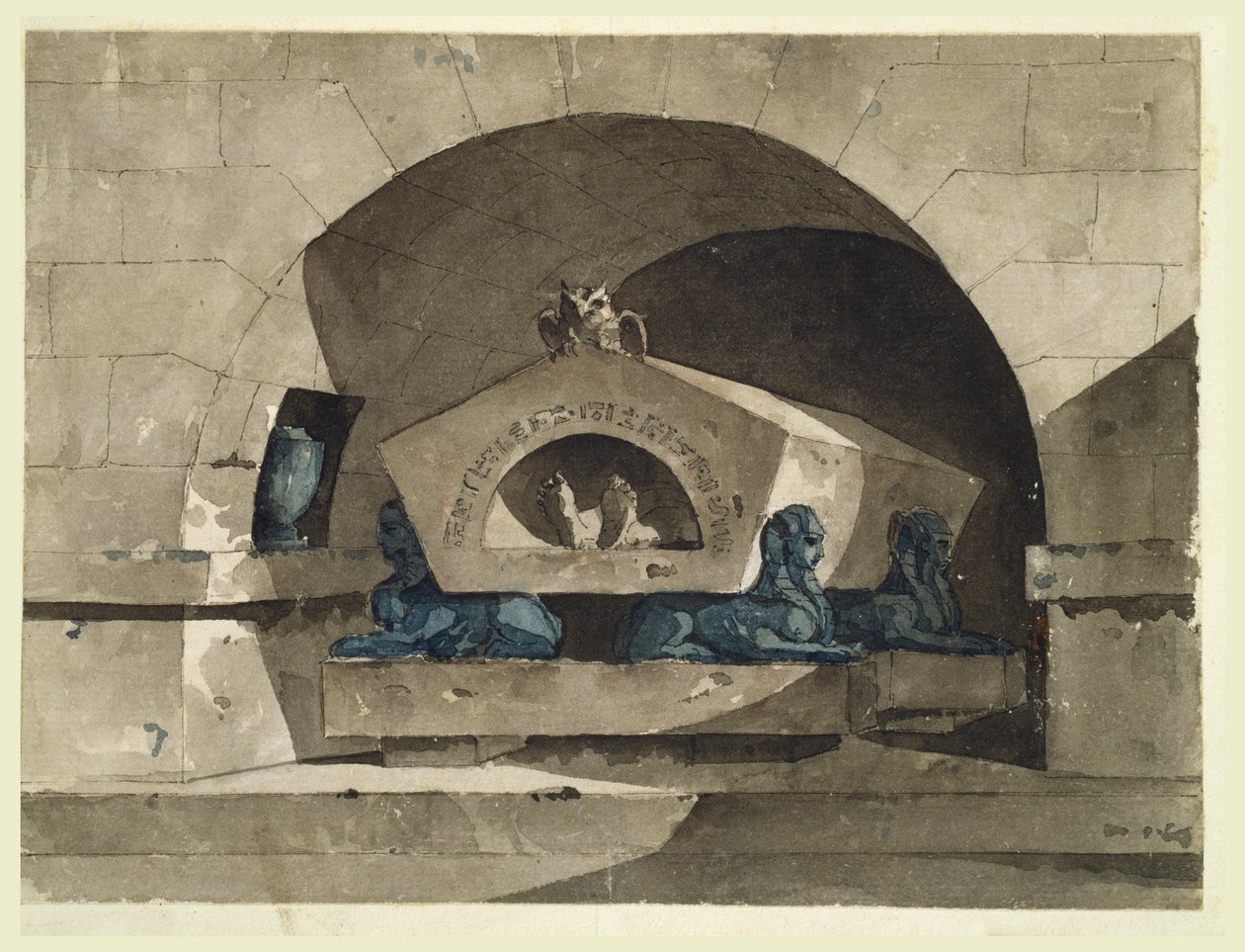 Sfenksli ve Baykuşlu Mısır Tarzı Kabir by Louis Jean Desprez