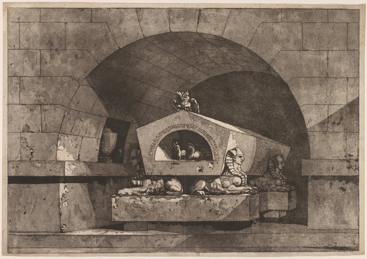 Sfenksli Mezar: Sfenks Destekli Lahit Üzerinde Baykuşlu Cenaze Anıtı, c. 1779-84. by Louis Jean Desprez