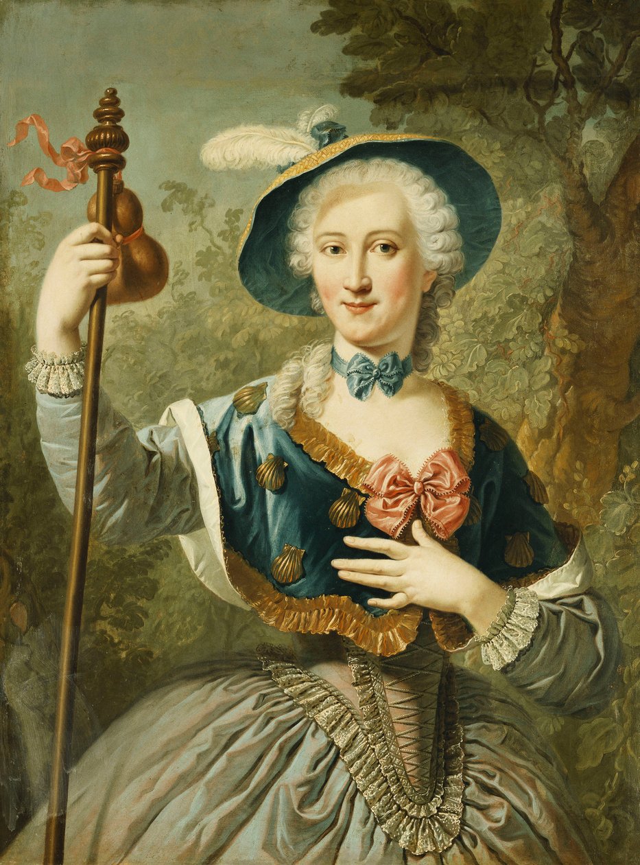 Üç Çeyrek Boylu, Hacı Gibi Giyinmiş, Mavi Çizgili Hasır Şapka ve Tüy Takan Bir Kadının Portresi, 1747 by Louis Jean François Lagrenée