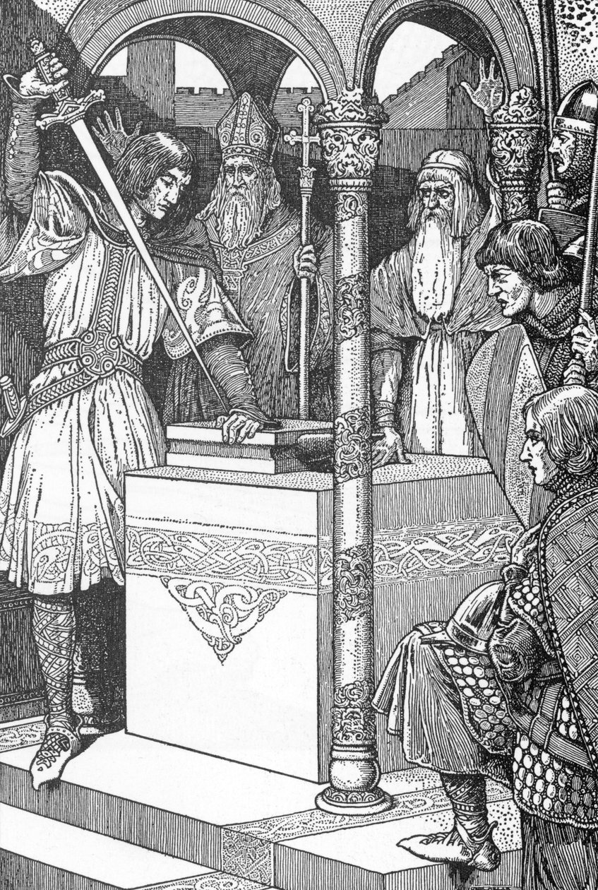 Arthur, Excalibur kılıcını bir örsten çıkardı. İllüstrasyon, Louis Rhead (1858-1926), “kral Arthur ve şövalyeleri”nden, 1923 Özel koleksiyon by Louis John Rhead