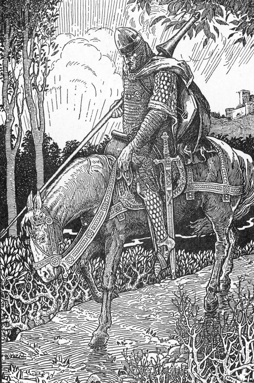 Mordred (Modred) babası Kral Arthur'a karşı Camlann savaşından sonra yaralar (Mordred, Camlann savaşından sonra yaralandı) İllüstrasyon, Louis Rhead (1858-1926) “Kral Arthur ve şövalyeleri” 1923 Özel koleksiyon by Louis John Rhead