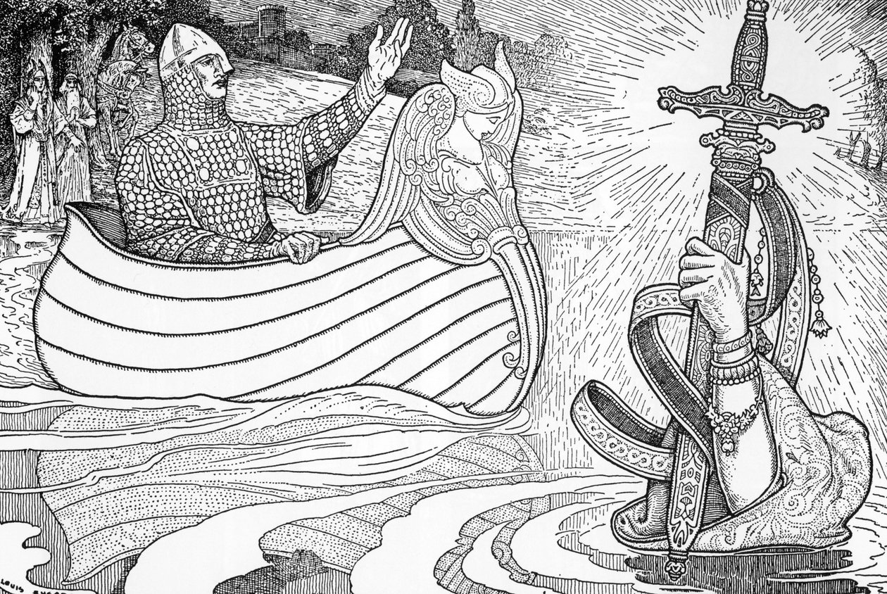 Gölün Hanımı'nın temsili (ücretli viviane), Kral Arthur'a epe Excalibur'u veren Arthur efsanelerinin karakteri (Arthur efsanesi: Gölün Hanımı (Nimue, Viviane) Kral Arthur'a kılıcı Excalibur'u veriyor) Louis Rhead'in İllüstrasyonu (1 by Louis John Rhead