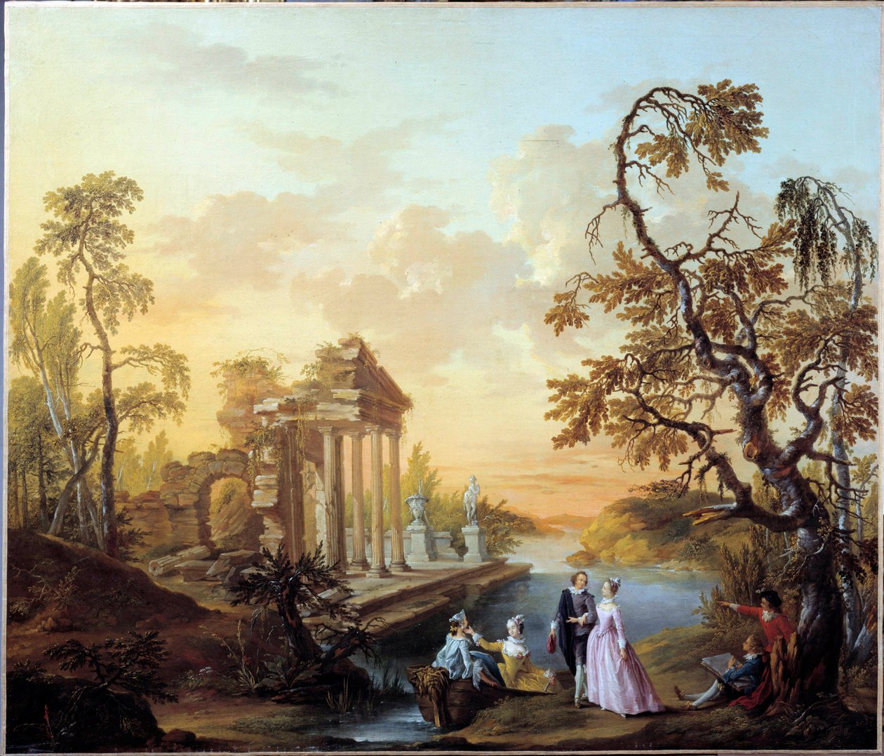 Alacakaranlıkta antik kalıntıların olduğu bir manzarada Romantik Sahneyi Sevmek için Haraç. Louis Joseph Watteau dit Watteau de Lille (1731-1798) tarafından yapılan tablo by Louis Joseph  Watteau