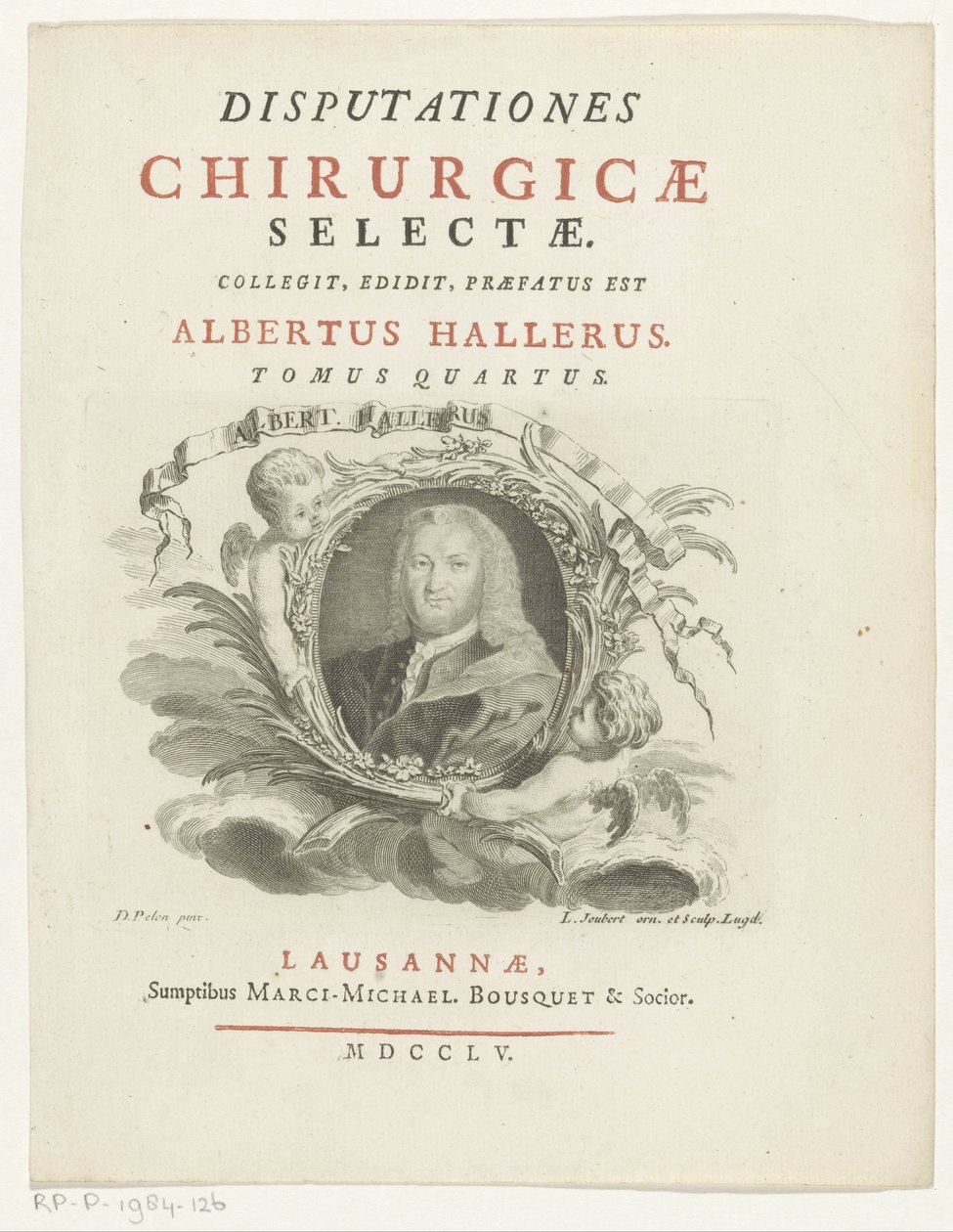 Portret van Albrecht von Haller Albert Hallerus (nesne üzerindeki başlık) Başlık sayfası: Albrecht von Haller, Disputationes selectaecerrahi, 1755 by Louis Joubert