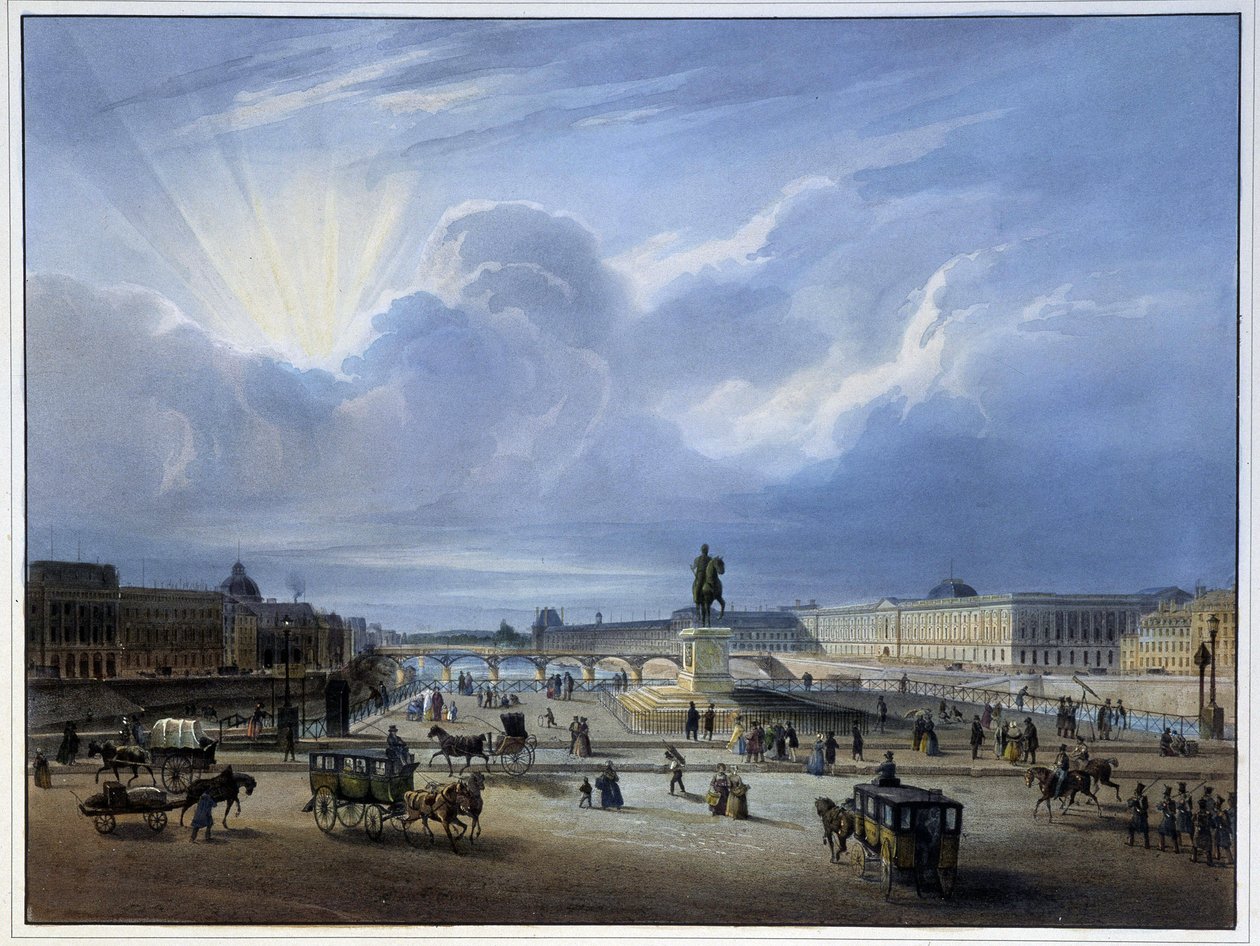 Louvre ve Henry IV heykelinin genel görünümü - Arnout tarafından “Paris en 1837”de by Louis Jules Arnout
