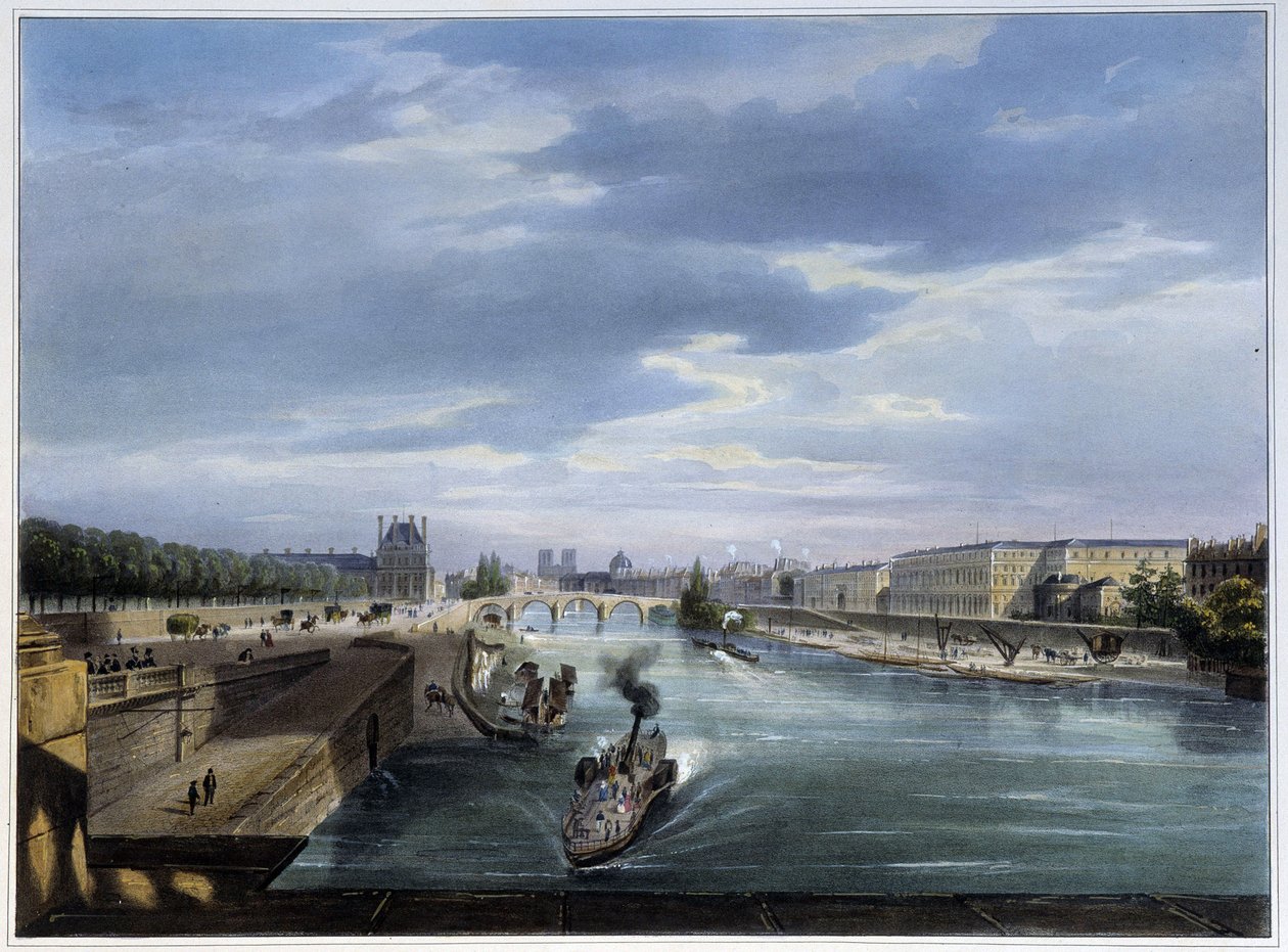 Carrousel köprüsü ve buharlı tekne - Arnout tarafından “” Paris en 1837 ”de by Louis Jules Arnout
