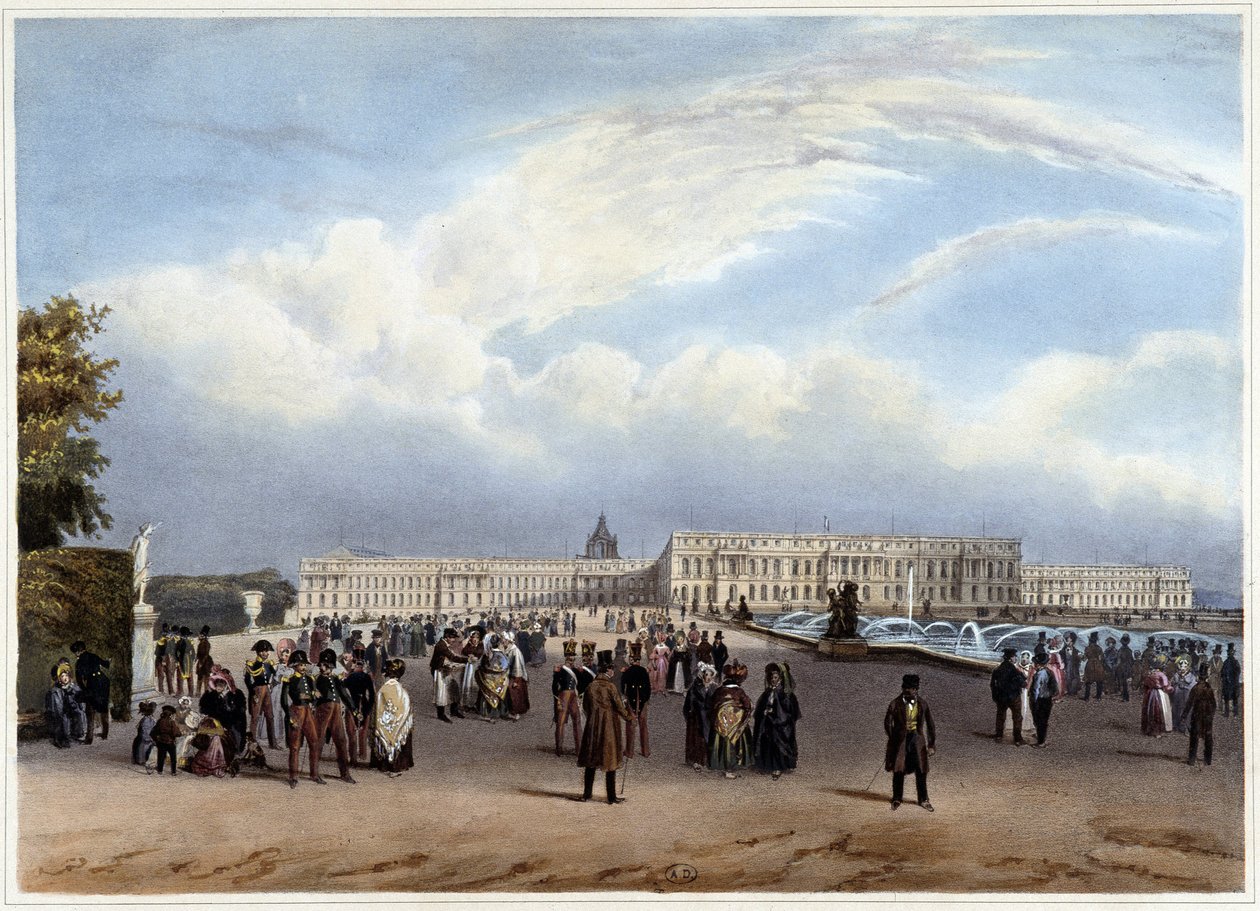 Château de Versailles cephesinin genel görünümü - Jacottet ve Benoist tarafından tasarlanan “Promenade dans Paris et ses environs”ta, c. 1840 by Louis Julien Jacottet