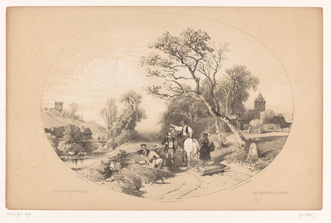 Binici yol boyunca bilgi ister Le renseignement (nesne üzerindeki başlık) Pitoresk yürüyüşler (dizi adı) Gezinti yerleri pitoresk (nesne üzerinde seri başlığı) by Louis Julien Jacottet