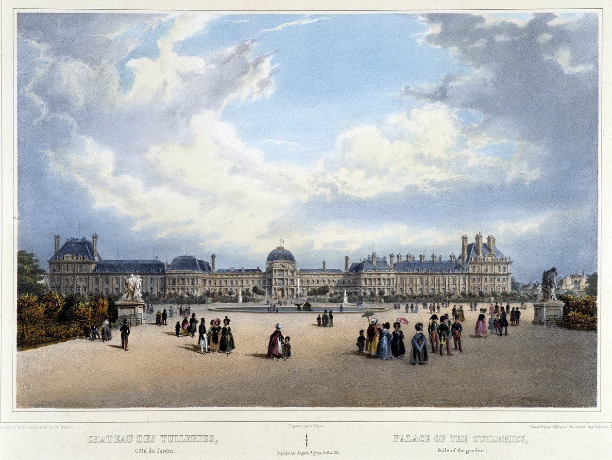 Saray ve Tuileries bahçesinin görünümü - “” Promenade dans Paris et ses environs””ta, Jacottet ve Benoist, Paris, c.1840 by Louis Julien Jacottet