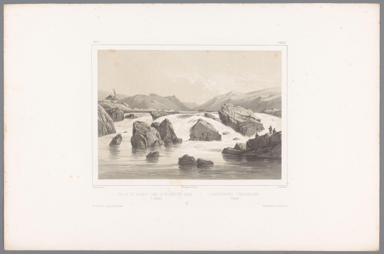 Halland Pêche du saumon'daki Kassa nehrinde somon balıkçıları Halland / Laxefiskeriet i Kassaelven, Halland (nesne üzerindeki başlık) İskandinavya'daki Yüzler (dizi başlığı) Vues du Nord. Süet (seri adı) by Louis Julien Jacottet