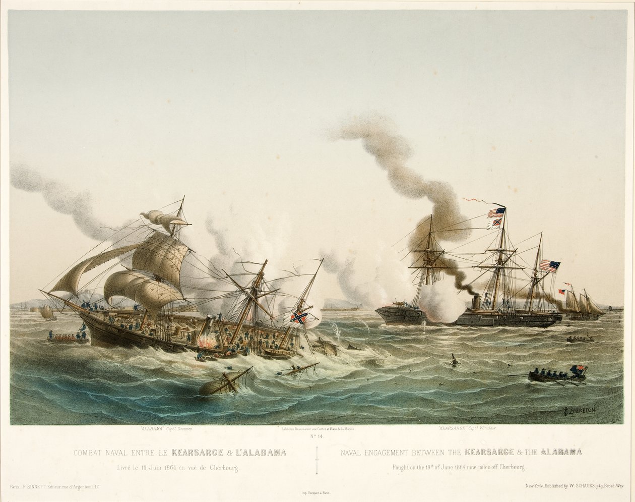 Combat Naval entre le Kearsage & l?Alabama, pub. 1864 (renkli litografi) by Louis Le Breton