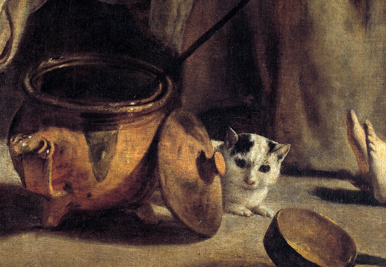 Kedi ve bakır kapları temsil eden bir iç detayda köylü ailesi. Louis the Nain (1593-1648) 17. yüzyıl tablosu by Louis le Nain