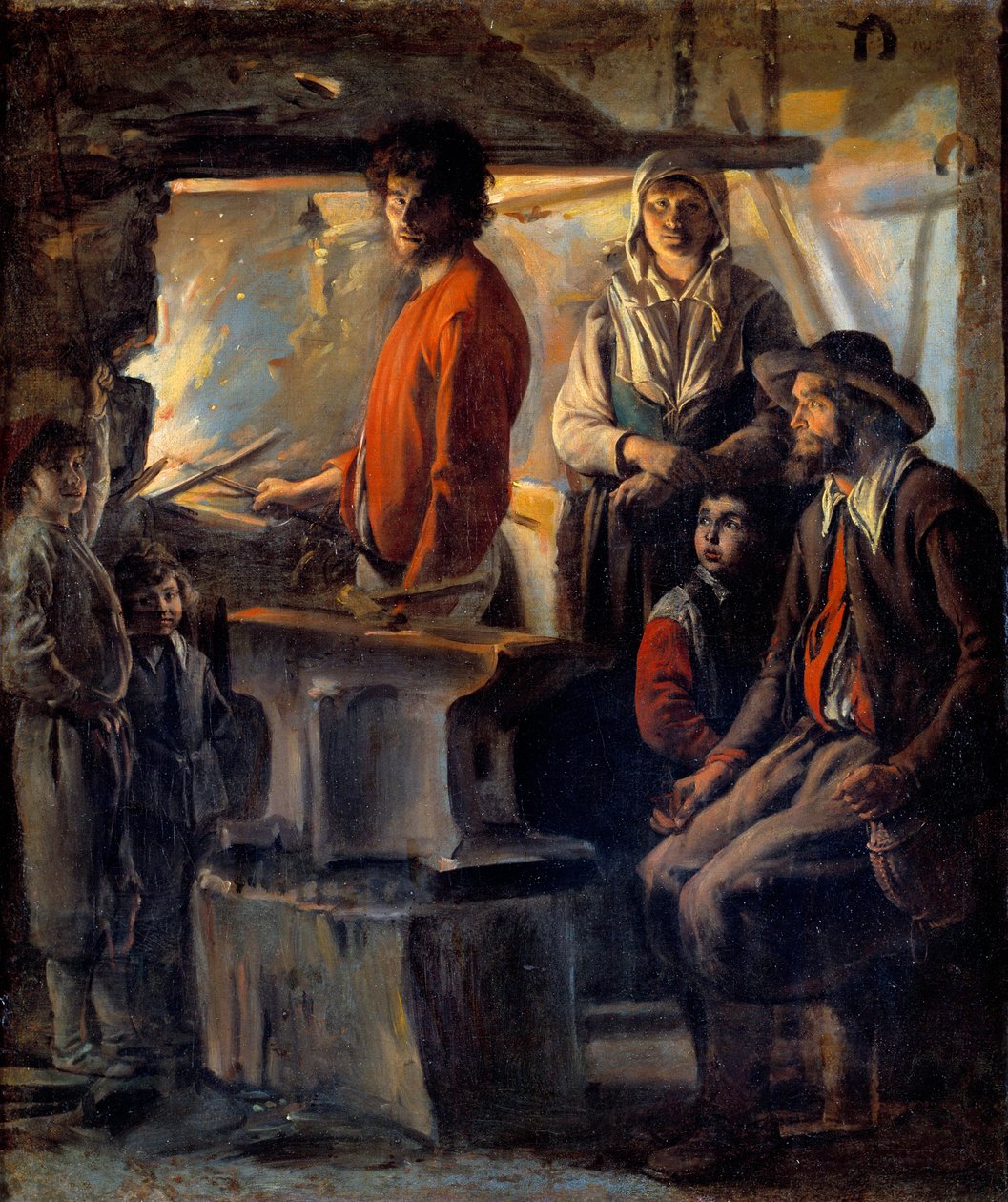 Demirci ya da demirhanesinde mareşal Mareşal-demir ve ailesi, yanında bir örs. Louis the Nain (1593-1648) 17. yüzyıl Güneşi tarafından tablo. 0,69x0,57 m by Louis le Nain