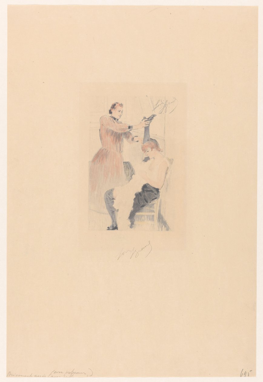 Esneklik egzersizi yaparken sandalyede oturan Cancan dansçısı Brisement assis (avec professeur) (nesne üzerinde başlık) by Louis Legrand (signed by artist)