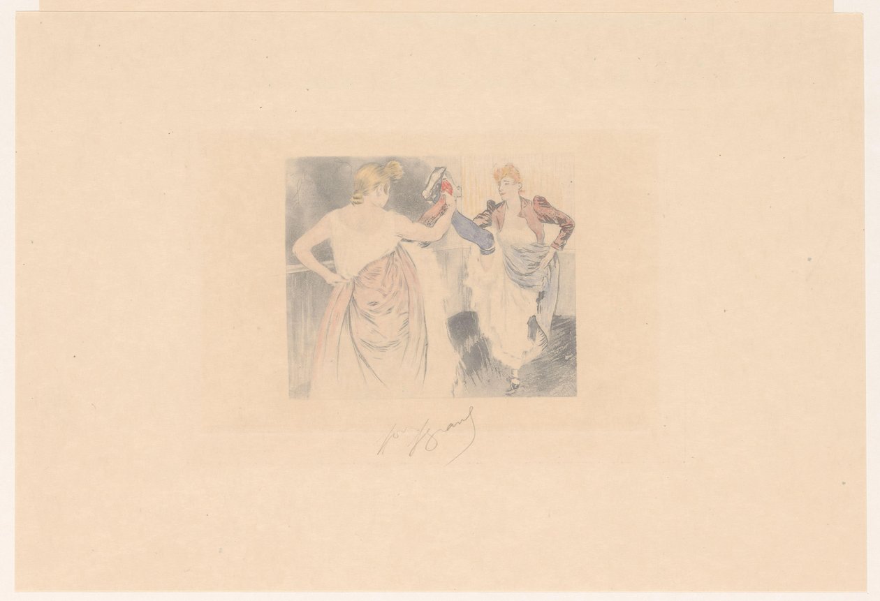 Bacaklarını kaldırmış iki cancan dansçısı Le kruvasan by Louis Legrand (signed by artist)