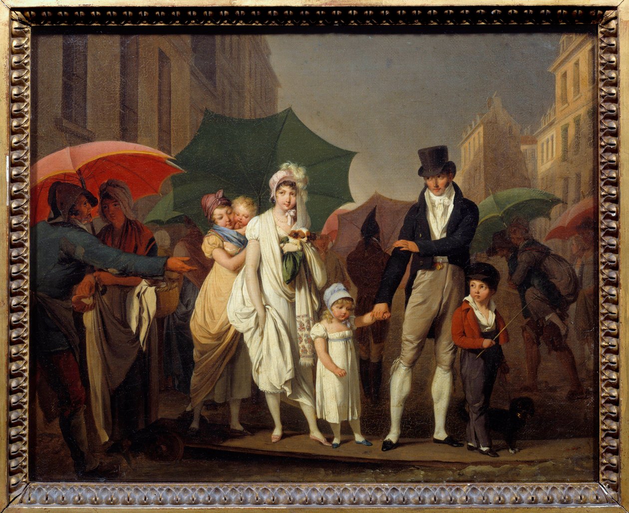 Burjuva duşları, Paris Premier Empire tarzında kendini yağmurdan koruyor. Louis leopold Boilly'nin (1761-1845) 19. yüzyıl Güneşi tablosu. 0,32x0,4 m - Sağanak. Parisli burjuvalar Birinci İmparatorluk tarzında giyinip kendilerini koruyorlar. by Louis Leopold Boilly