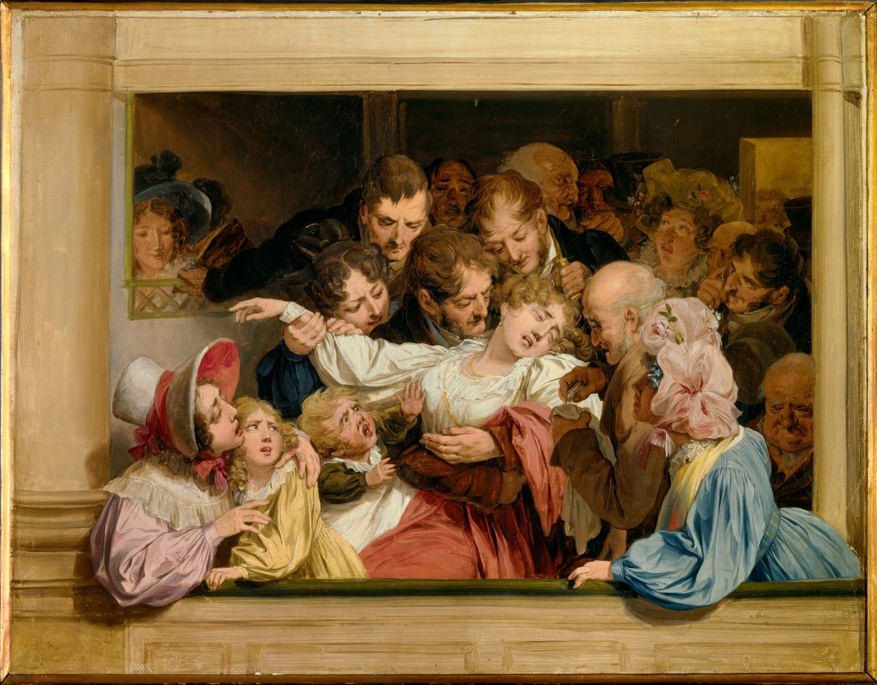 Melodram etkisi Tiyatro soyunma odasında genç bir kadın bayılıyor. Louis Leopold Boilly