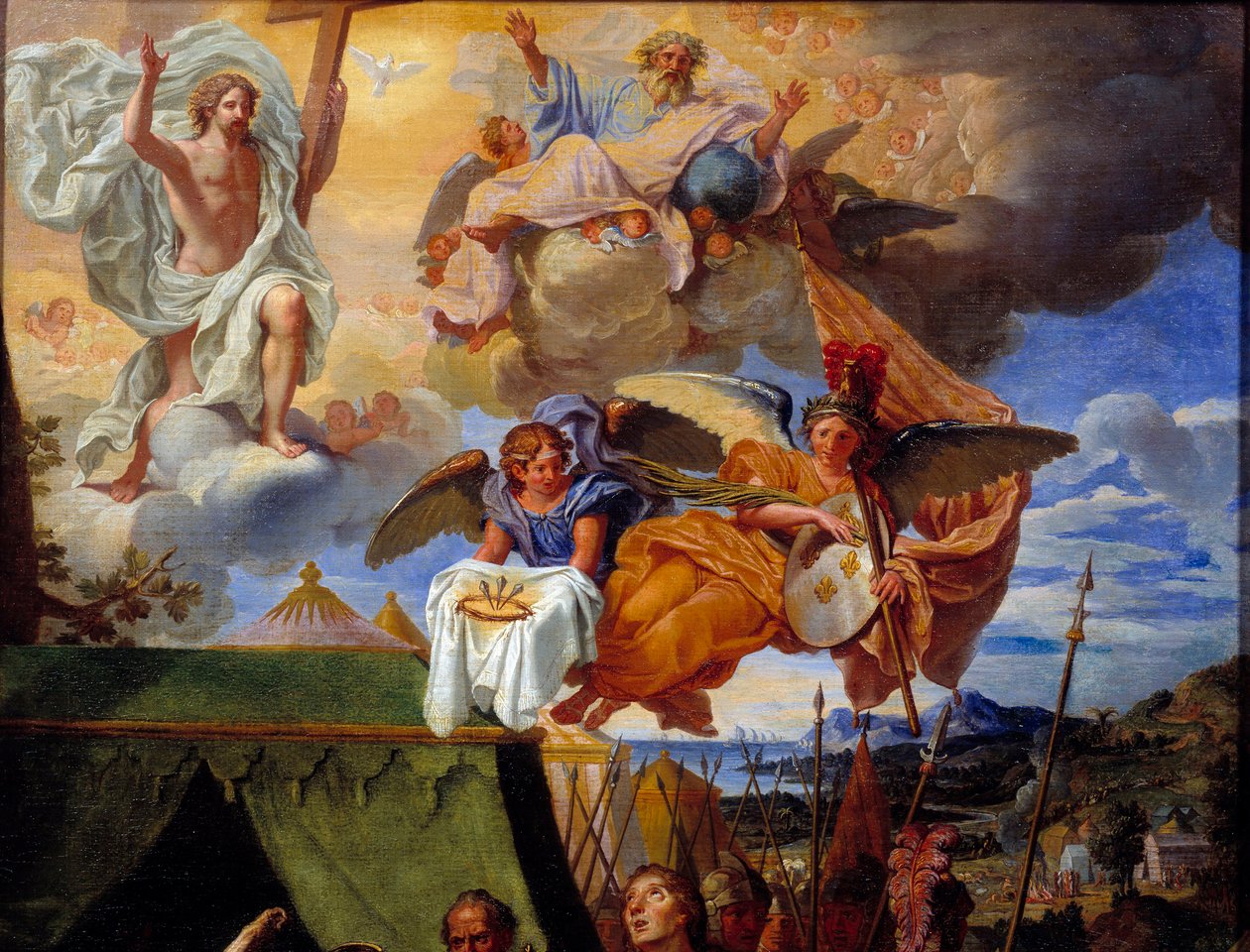 Kral Louis IX (Saint Louis) (1214-1270) askerlerine bakıyor Tanrı ve melekleri temsil eden detay. Louis Licherie de Bury