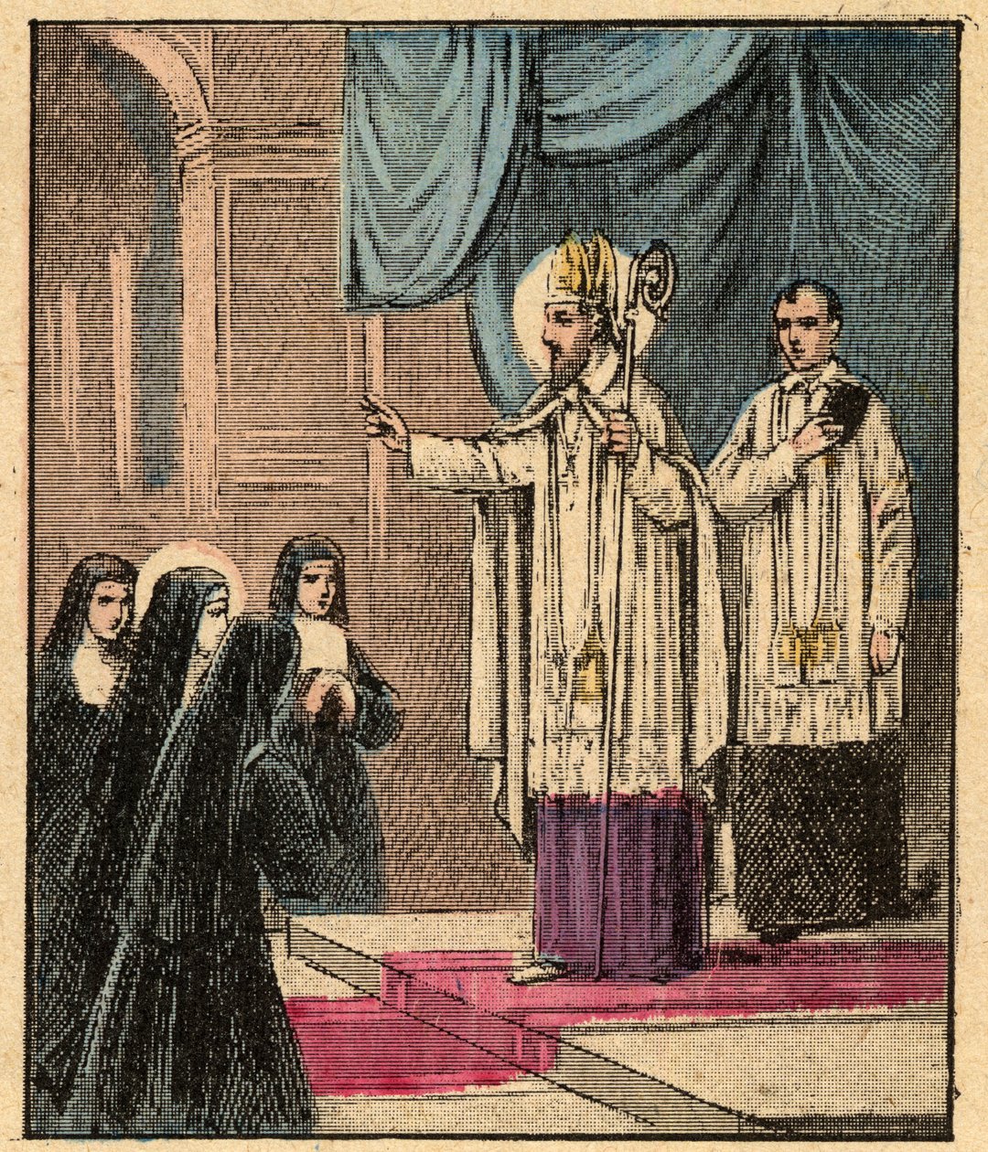 Kutsal Meryem Ziyaret Düzeni - St. Francis de Sales - Saint Francois-de-Sales (1567-1622) - Francois de Sales, Madame de Chantal (Jeanne Francoise Fremyot de Chantal) (1572-1641) ile Ziyaret Düzenini kurdu. - “Dini öğreti”den gravür by Louis Maitrejean