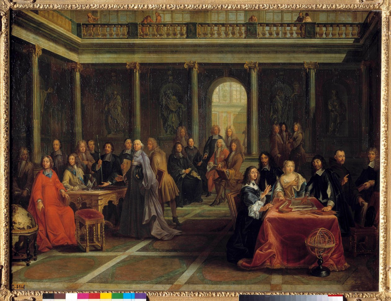 İsveç Kraliçesi Christine, sarayı ile çevrili, filozof Rene Descartes