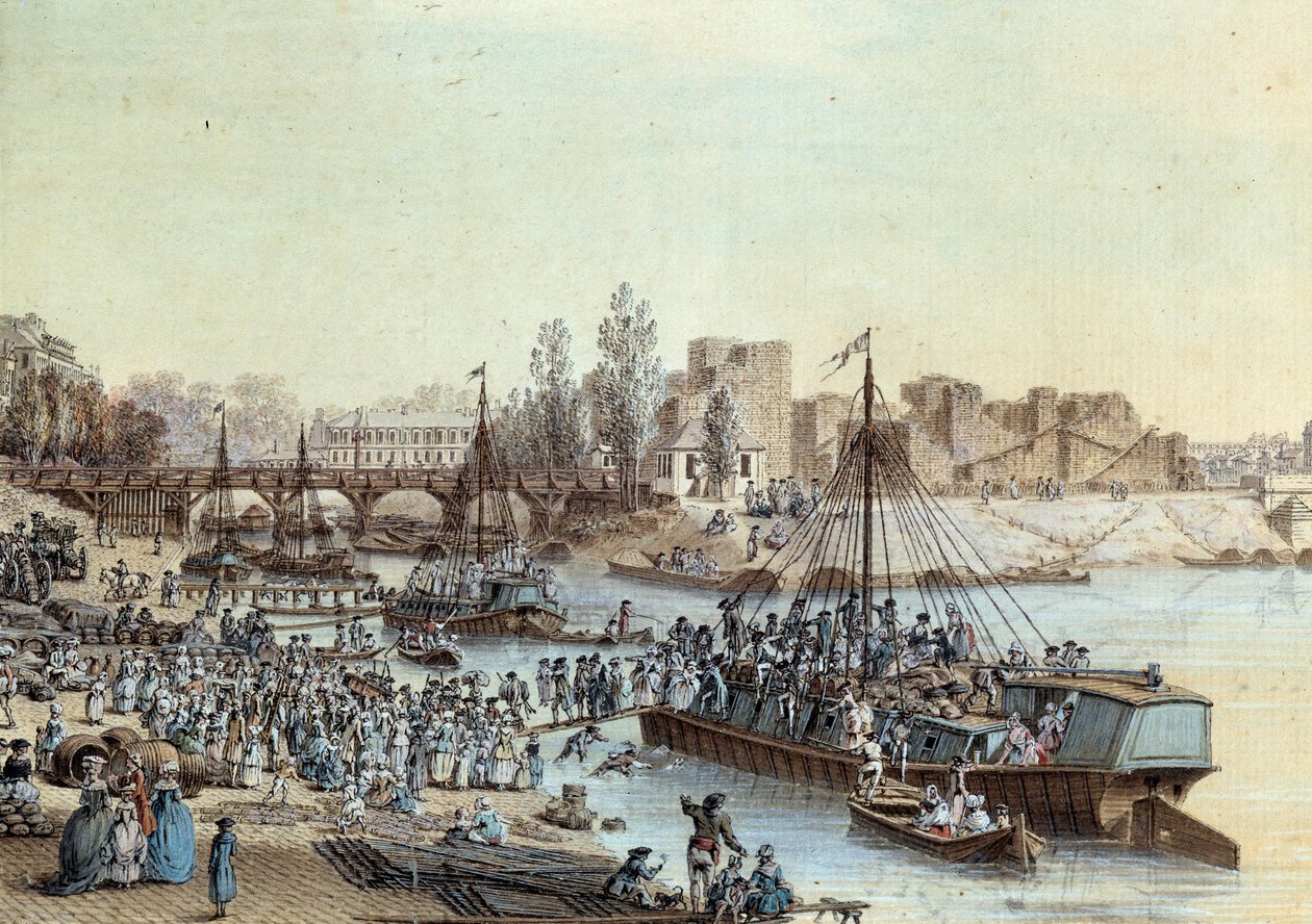 Gemi yüklü yolcular rıhtıma yanaşıyor. Louis de Lespinasse (1734-1808) 1782 tarafından çizim. Paris, Musee Carnavalet by Louis Nicolas de Lespinasse