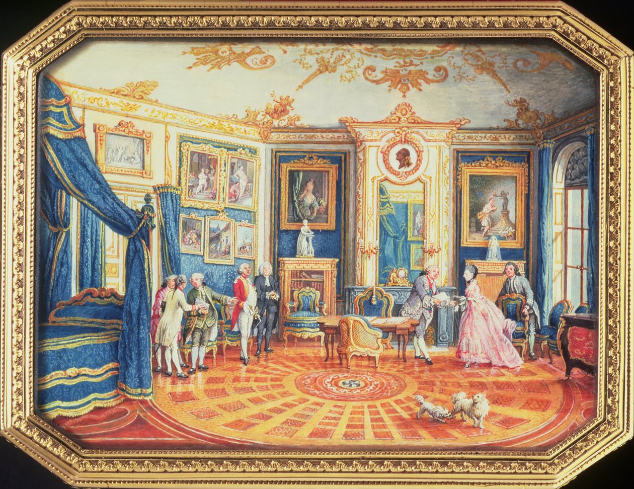 Louis Roucel (ö.1787) tarafından Hotel de Choiseul'deki kış mobilyalarında bir odayı gösteren bir enfiye kutusunun kapağı, c.1770 (emaye) by Louis Nicolas van Blarenberghe