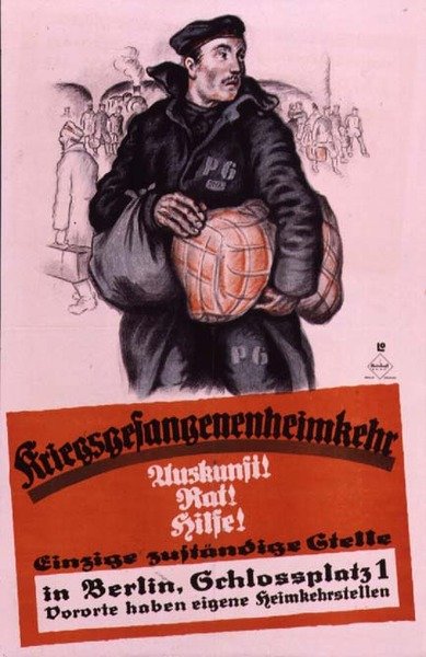 Geri dönen savaş esirlerine yardım için nereye gideceklerini tavsiye eden Alman posteri by Louis Oppenheim