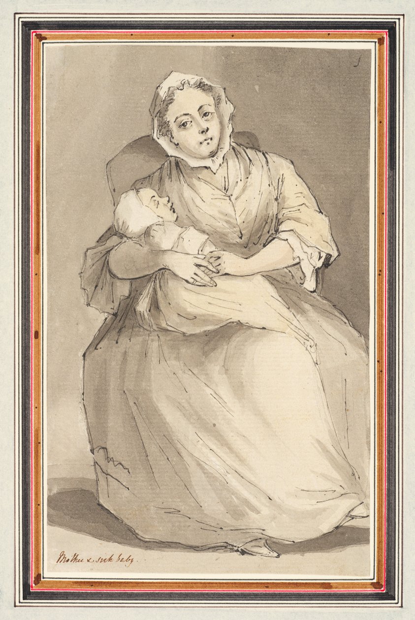Oturan kadın ve çocuk (kalem, kalem ve mürekkep ve kağıt üzerine sulu boya) by Louis Philippe Boitard