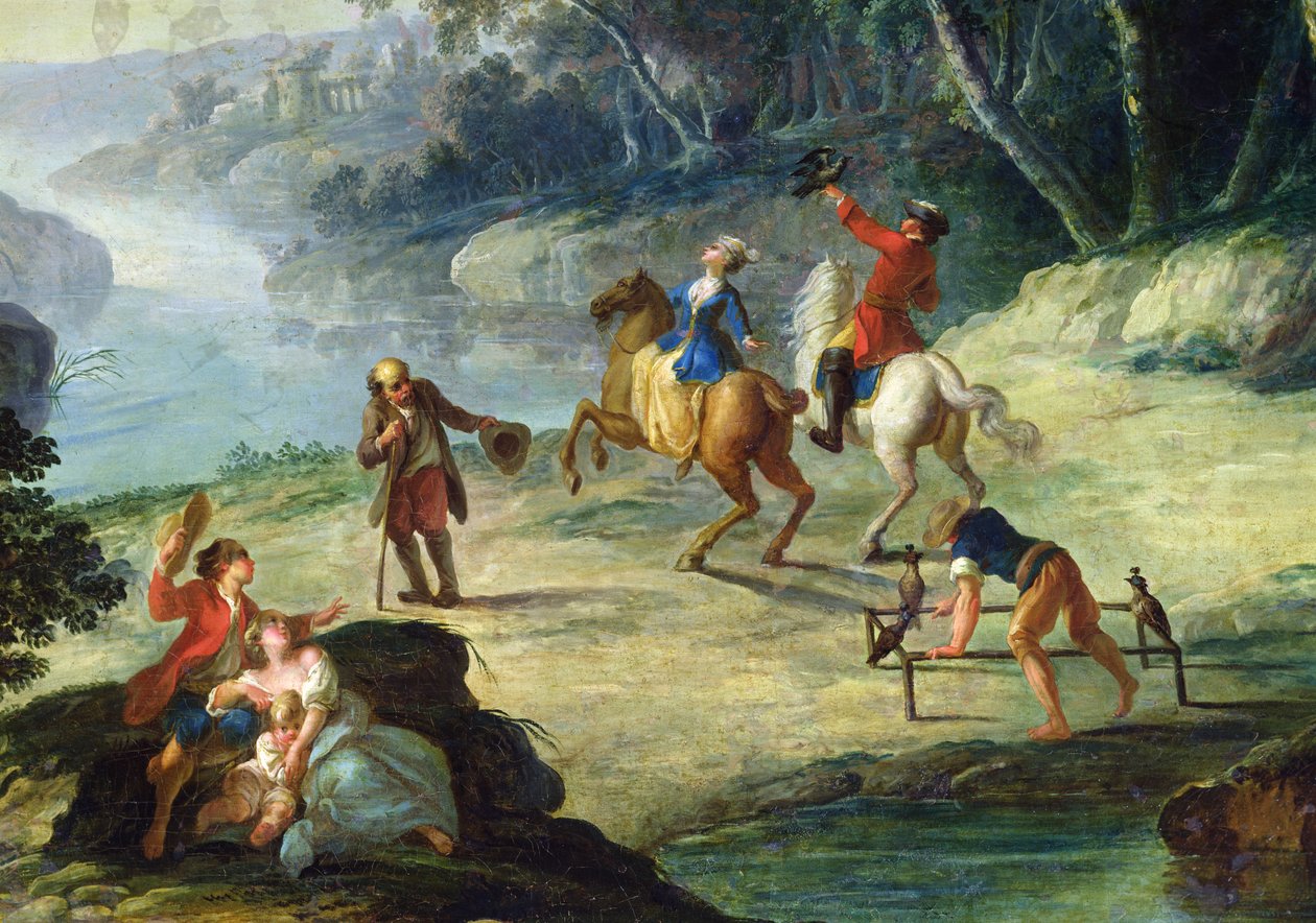 Şahinlerle Av, bir binici detayı ve tuval üzerine şahin yağı by Louis Philippe Crepin