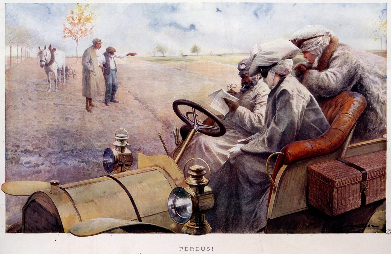 Kayıp! Kırsal kesimde yol arayan gezginler. 20. yüzyılın başlarında Louis Remy Sabattier (1863-1935) tarafından yapılan gravür. Paris, Musee Carnavalet by Louis Remy Sabattier
