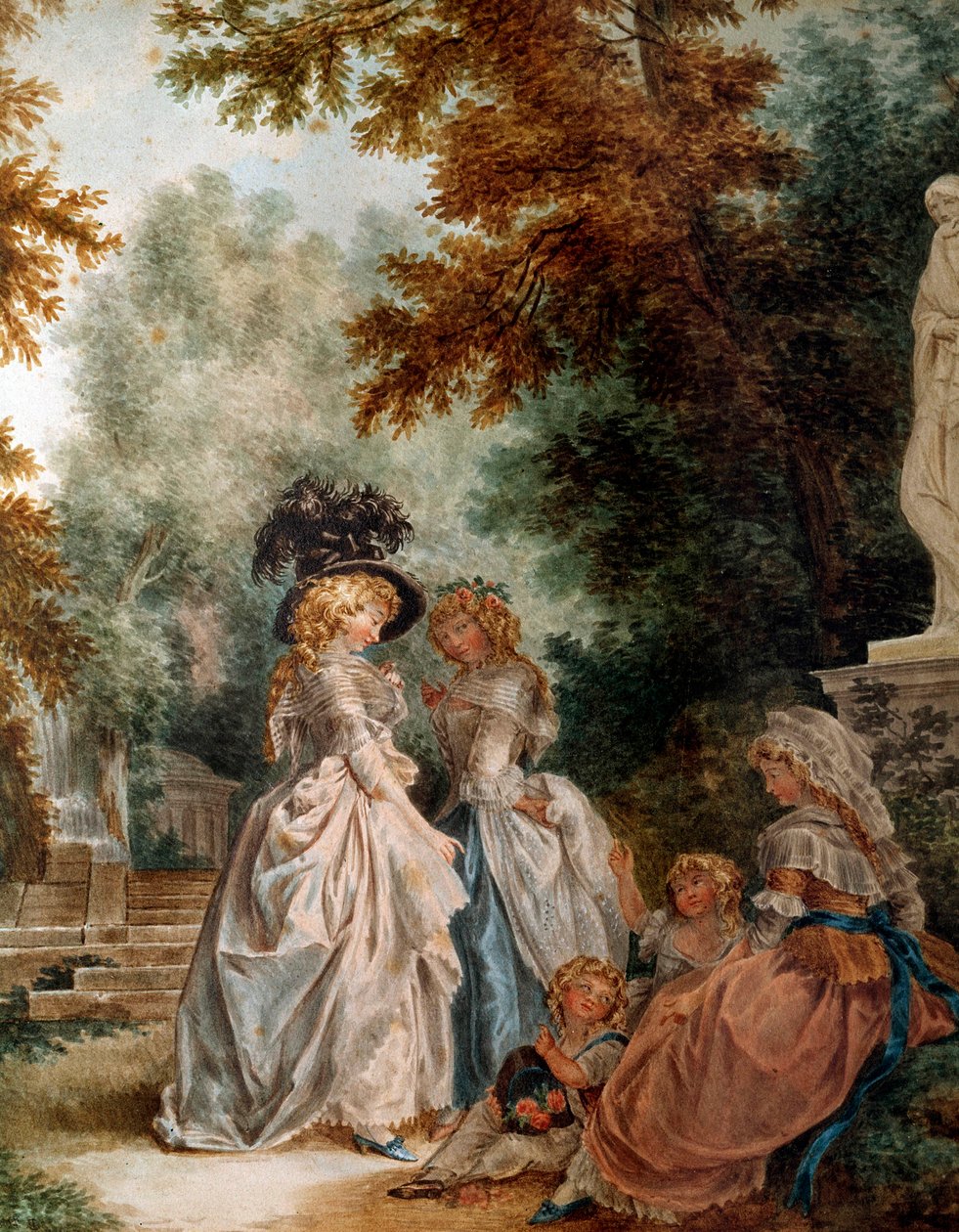 Bir bahçede rahatlama anında parkta Zarif Genç Kadınlarda yürüyün. Suluboya Louis Trinquesse (1746-1800) 18. yüzyıl. Paris, Musee Carnavalet by Louis Rolland Trinquesse
